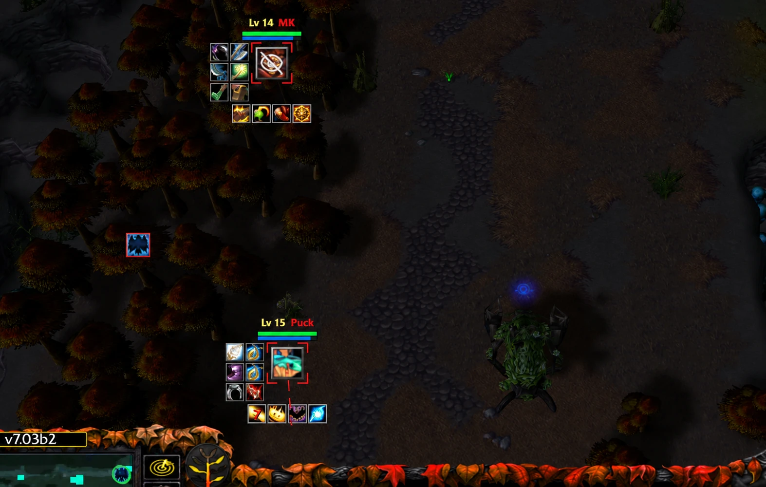 Enhanced gameplay capture · hero inventories visible through fog of war.