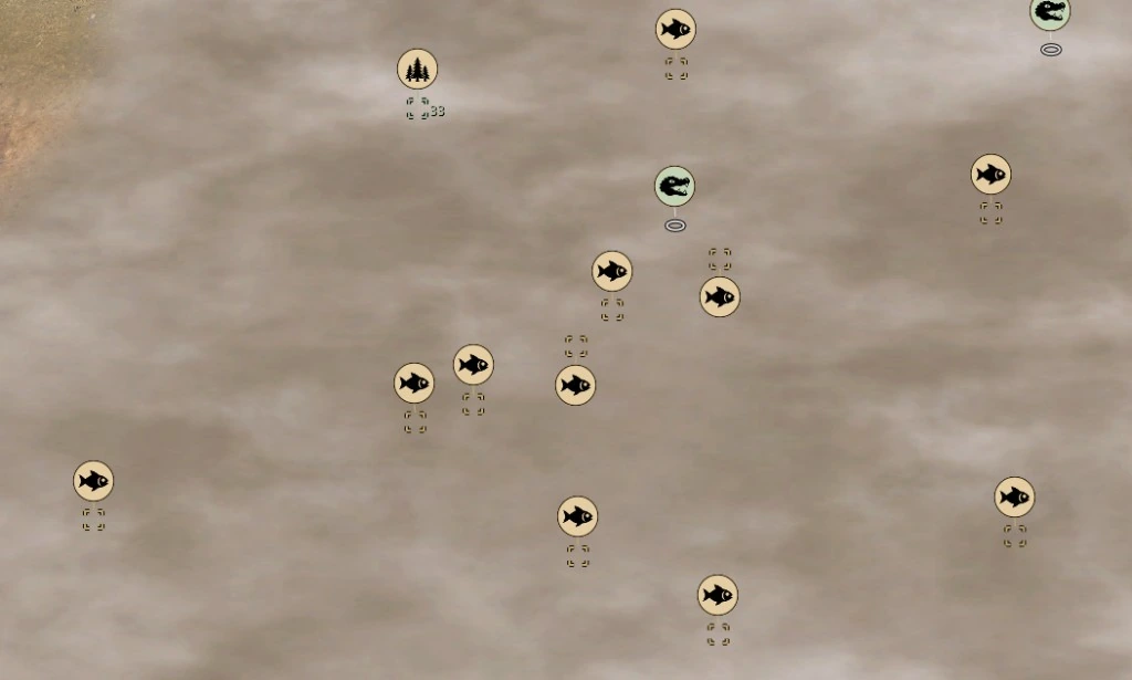 Fish, woodland and animals marked through fog of war.